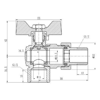 Кран кутовий с американкой 1/2" DN15 (бабочка) Forte SF221
