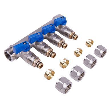 Коллектор 3/4" на 4 выхода с шаровыми кранами под 16x2 трубу SD231