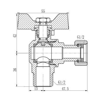 Кран шаровой с накидной гайкой угловой ВН 1/2" DN15 SF224