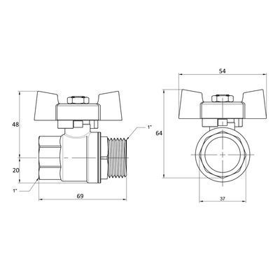 Кран шаровой 1" ВН DN25 латунный (бабочка) General Fittings 7S00M2
