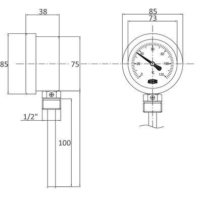 Термометр 0-120&deg;C &Oslash;80 (L=100) 1/2" Arthermo біметалевий радіальний