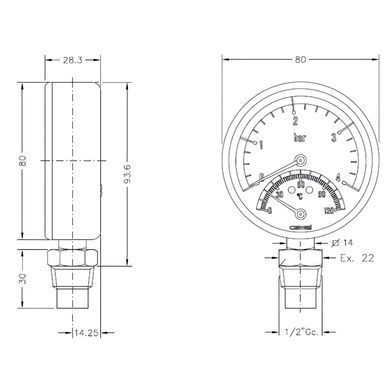 Термоманометр 0-6 бар 0-120&deg;C &Oslash;80 радіальний (клапан 1/2") Cewal