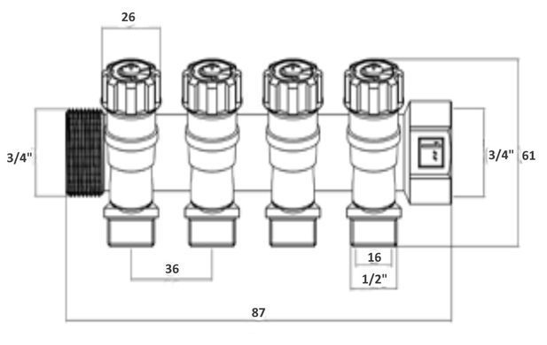 Коллектор 3/4" на 2 выхода с вентильными кранами 1/2" Fado