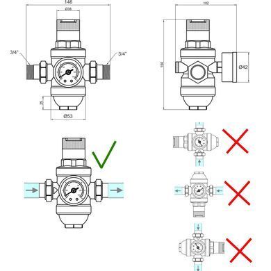 Мембранний редуктор тиску води 3/4" (1-6 бар) з фільтром Forte