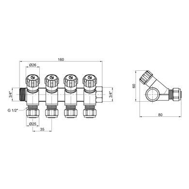 Коллектор 3/4" на 4 выхода с вентильными кранами под 16x2 трубу SD230