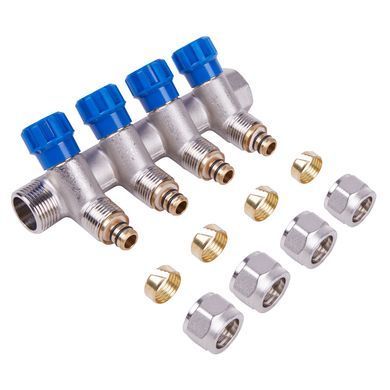 Коллектор 3/4" на 4 выхода с вентильными кранами под 16x2 трубу SD230